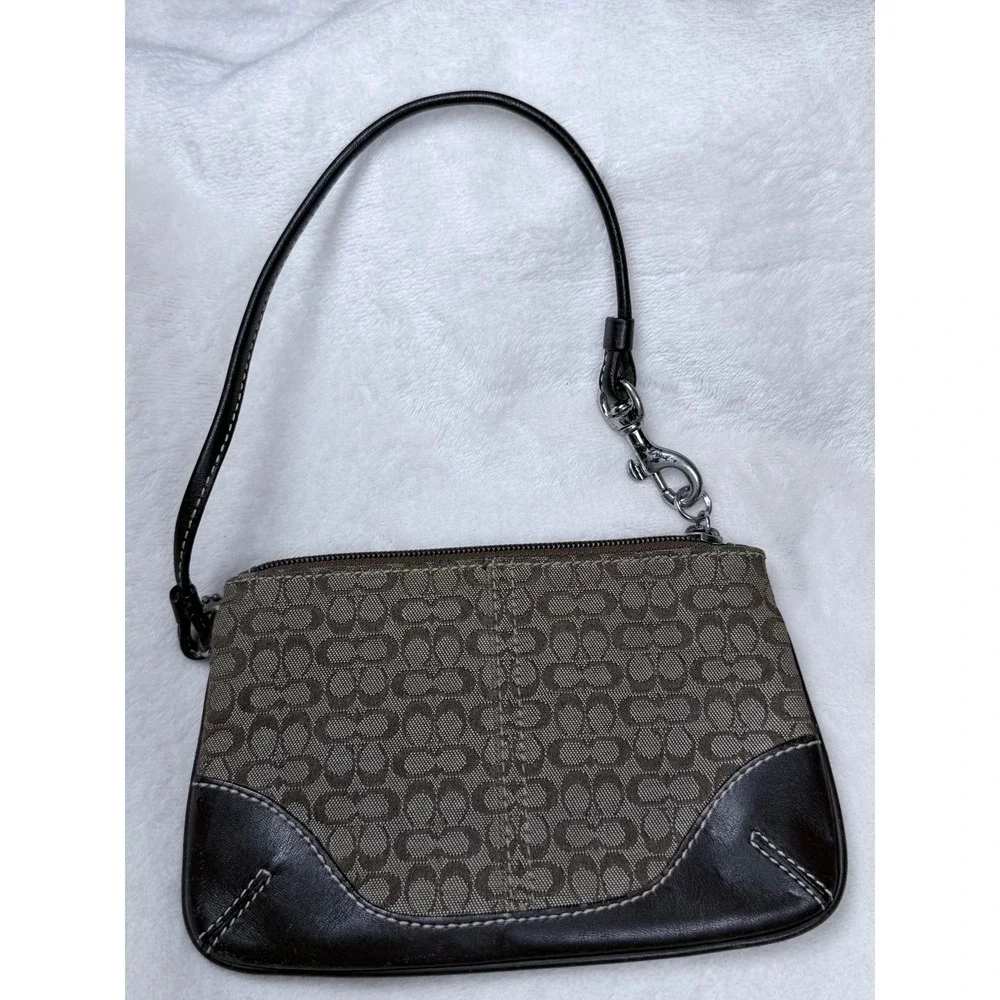 Coach Women Signature Monogram Wristlet Small Brown Black Leather Trim Pouch Bag